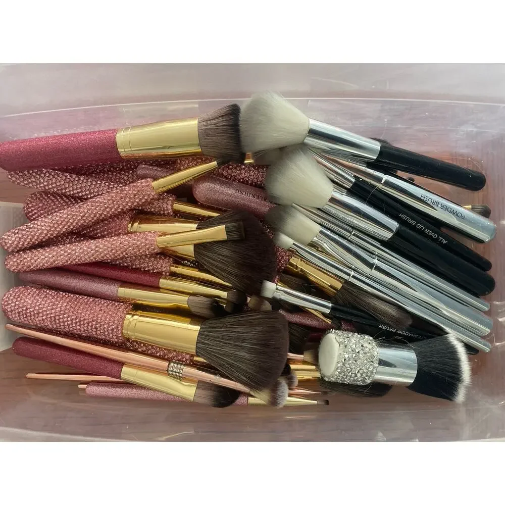 Lot of 55 Makeup Brushes Pink w/Glitz Bling Bedazzled Glamour Vanity Decor New